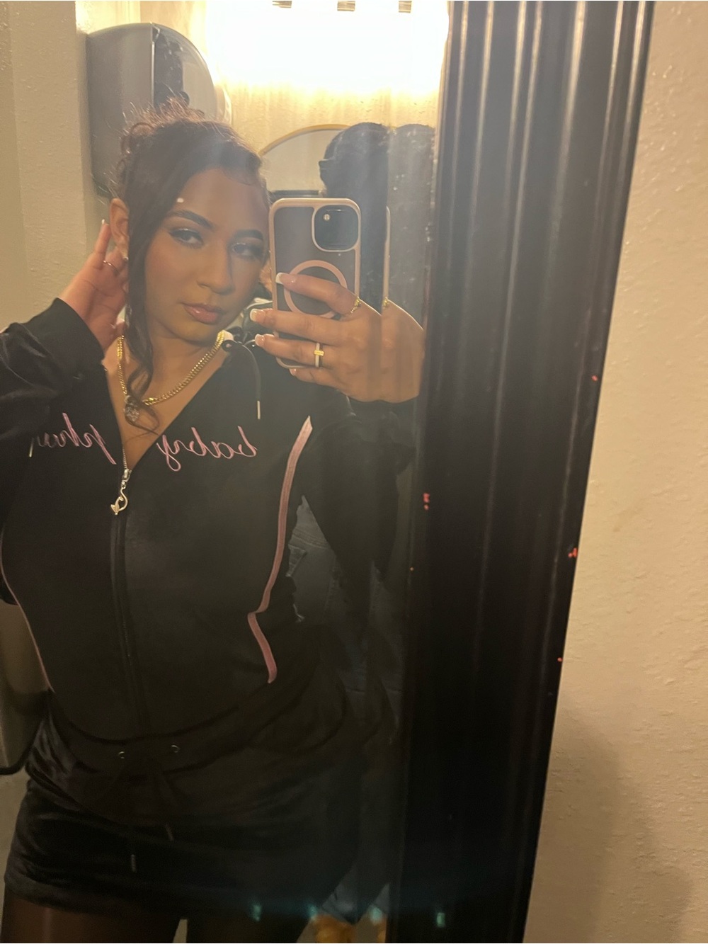 Baby Phat Black Velour Hoodie with Pink Script